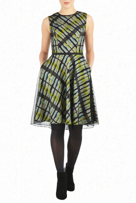 Eshakti Woomen's Graphic Check Print Crepe And Tulle Dress