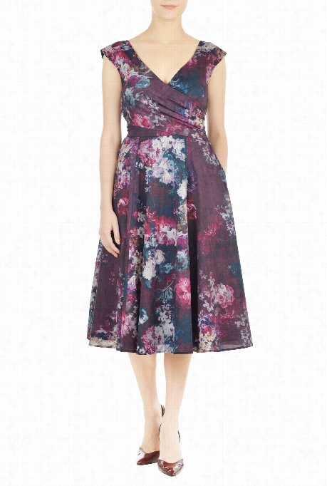 Es Hakti Women's Layeredsurplice Floral Print Cotton Dress