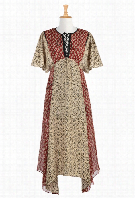 Eshakt Iwomen's Mixed Print Lace-up Maxi Dress