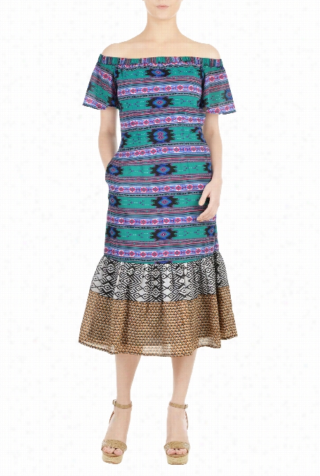 Eshakti Womens Off-shhoulder Ikat Print Voile Dress