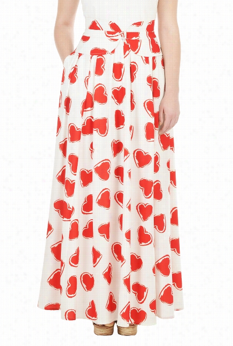 Eshakti Women's Peplum Waist Heart Print Crepe Maxi Skirt