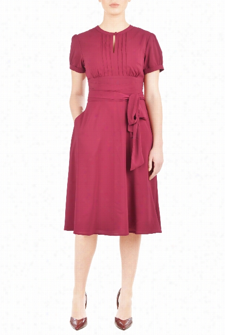 Eshakti Wome's Pufc Sleeve Sash Waist Crepe Ddress