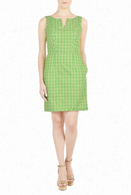 Eshwkti Women's Split Neck Gingham Check Sheath Dress