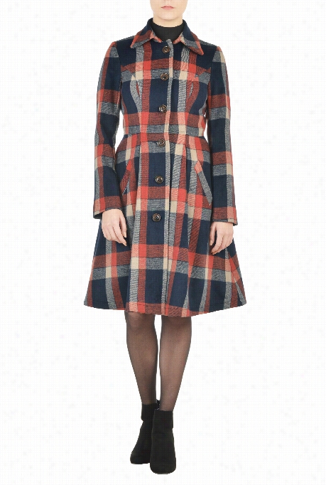 Eshakti Wome'ns  Twill Check Fit-and-flare Coat