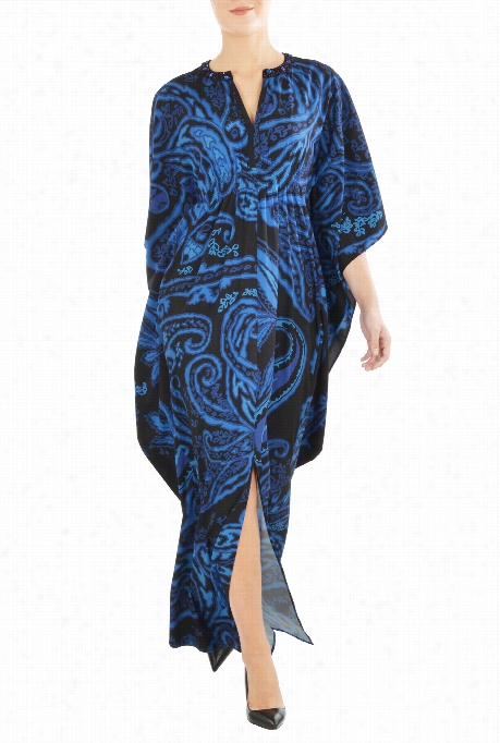 Eshakti Women's Beaded Graphic Print Crepe Caftan Dres