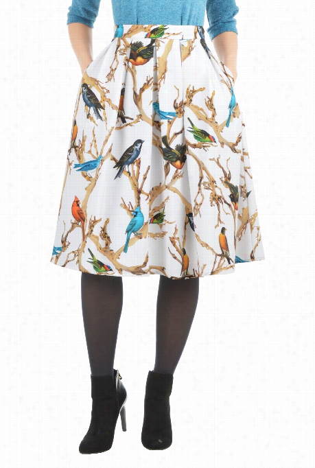 Eshakti Women's Bird Print Crepe Box-pleat Skirt