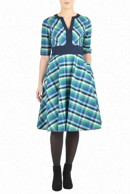 Eshkati Women's Cotton Check Contrast Trim Dress