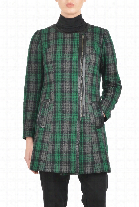 Eshakti Women's Faux Leather Trim Plaid Jacket