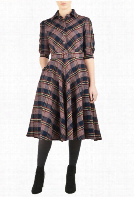 Eshakti Women's Flannel Check Belted Shirtdress