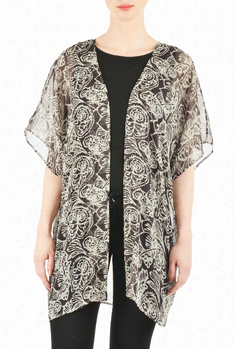 Eshaakti Women's Floral Batik Print Sheer Chiffon  Kimono