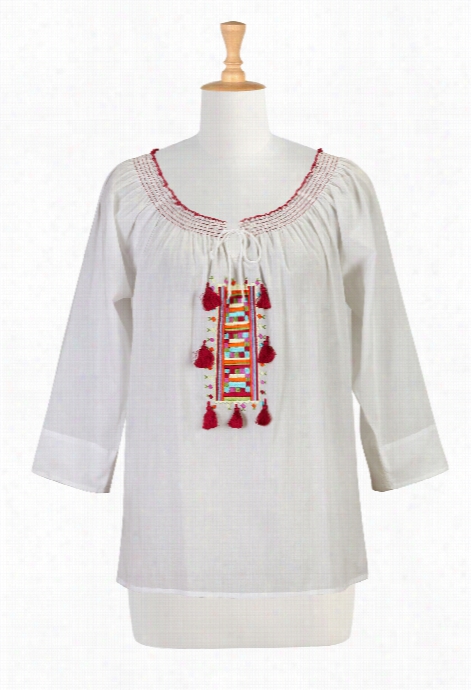 Eshzkti Women's Folk Art Cotton Voile Blouse