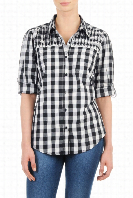 Eshakti Women's Gingham Ccheck Smocked Yoke Shirt