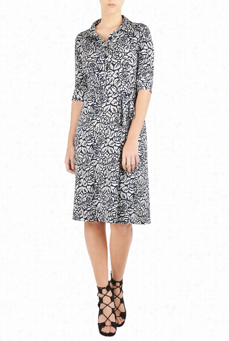 Eshakti Women's  Graphic Florral Print Knit Shirtdress