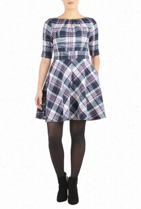 Eshakti Women's Pleat Neck Pladi Flannel Dress