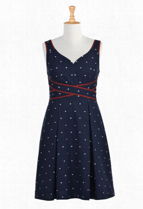 Eshaktiwomen's Polka Dot Embellished Contrast Trim Poplin Dress