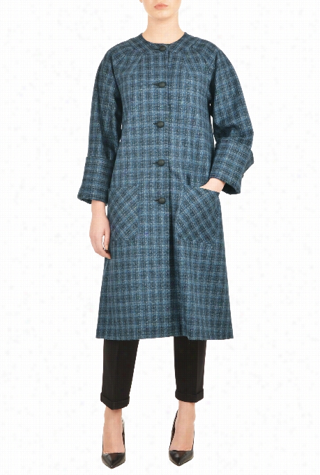 Eshakti Women' Sround Neck Plaid Wool Blend Coat