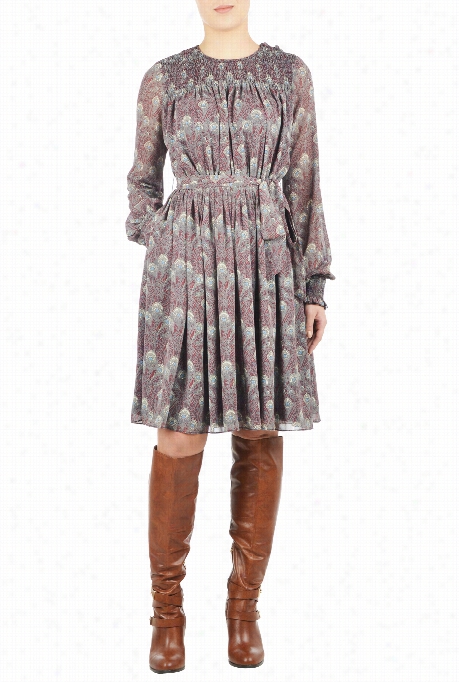 Eshakti Women's Smocked Yoke Peacock F Eather Print Dress