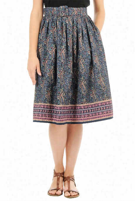 Eshakti Women's Belted Cotton-wool Paisley Print Skirt