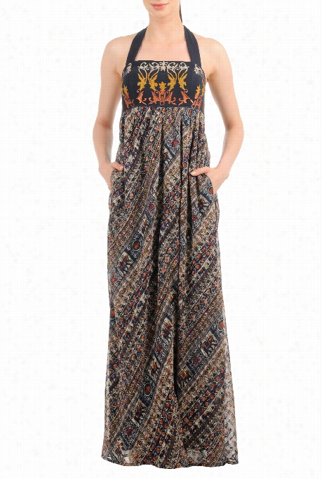 Eshhakti Women's Embellished Empire Halter Maxi  Dress