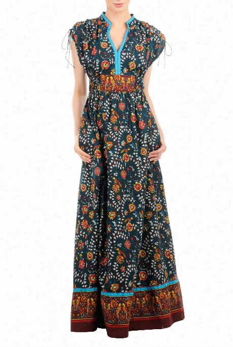 Eshakti Women's Eth Nic Floral Bird Print Cotton Maxi Dress