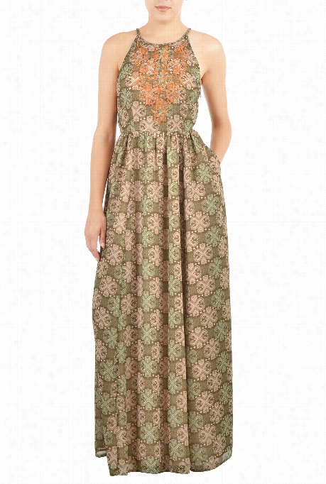 Eshakti Women's Floral Bib Tile Print Chiffon Maxi Dress