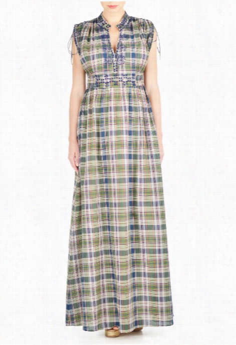 Eshakti Women's Fooral Embellished Cotton Check Maxi Ress