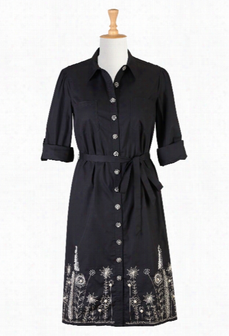 Eshakti Women's Floral Pearl Embellished Poplin Shirtdress