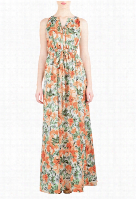 Eshakt Iomwen's Floral Print Sa Teen Drawstring Waist Maxi Dress