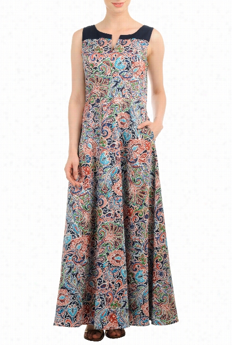 Esuakti Women's Floral Vine Stamp Cotton  Maxi Dress