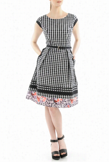 Eshakti Women's Gingham Check Floral Border Cotton Dress