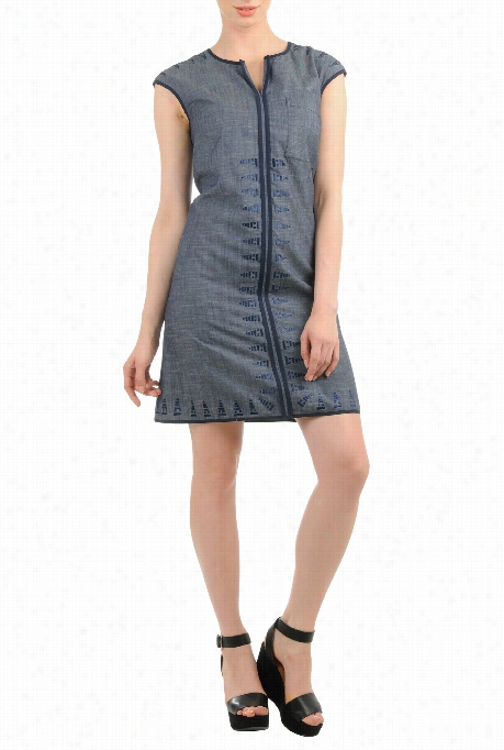 Eshakti Women's Graphic Embellihsed Chambray Shift Dress