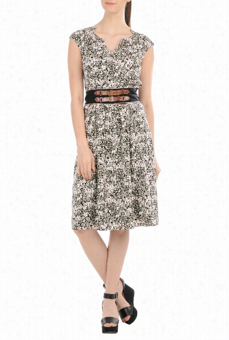 Eshakt I Women's  Notch Neck Belted Crepe Print Dress