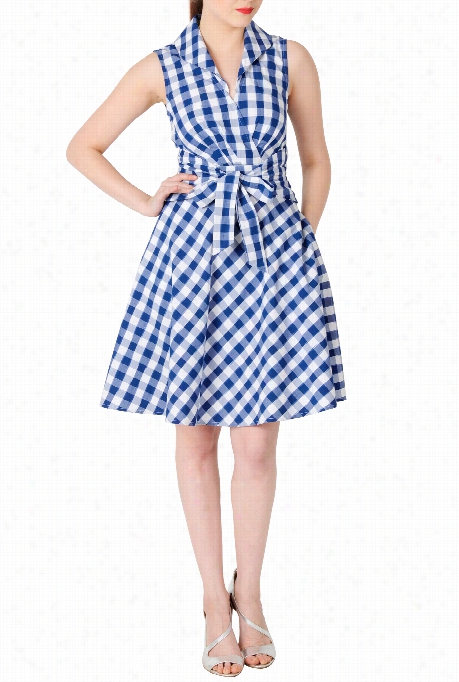 Eshakti Women's Shawl Collar Sash Waist Gingham Heck Dress