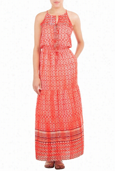 Eshakti Women's Tile Print Crepe Tiered Maxi Dress