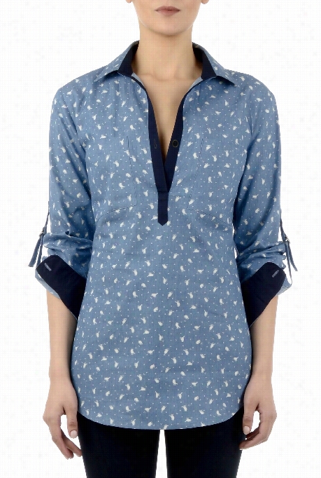 Eshakti Women's Bird Print Chambray Denim Tunic Shirt