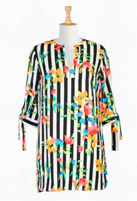 Eshakti Women's Bold Stripe Floral Rint Crepe Tunic