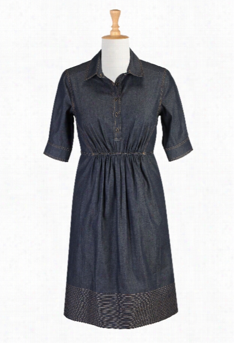 Eshakti  Womn's Elastic Waist Chambr Ay Denim Shirtdress