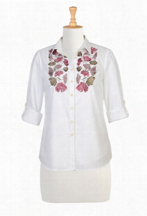 Eshakti Women's Floral Embroidered White Cotton Shirt
