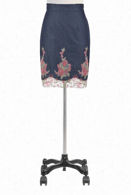 Esjakti  Women's Floral Tulle Applique Chambray Denim Skirt