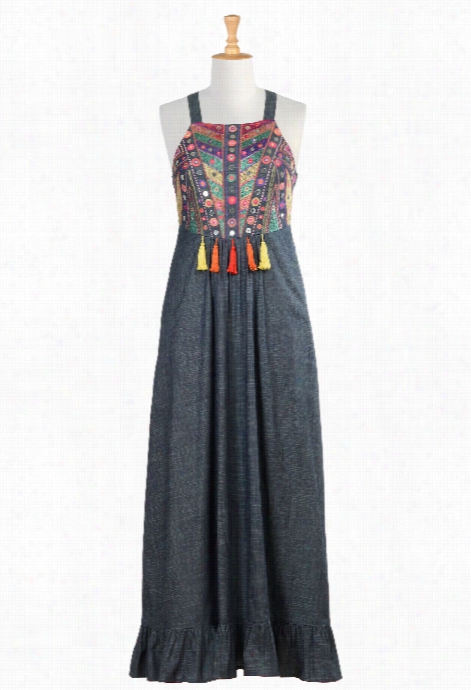 Eshakt W Omen's Graphic Embellished Chambray Maxi Dress