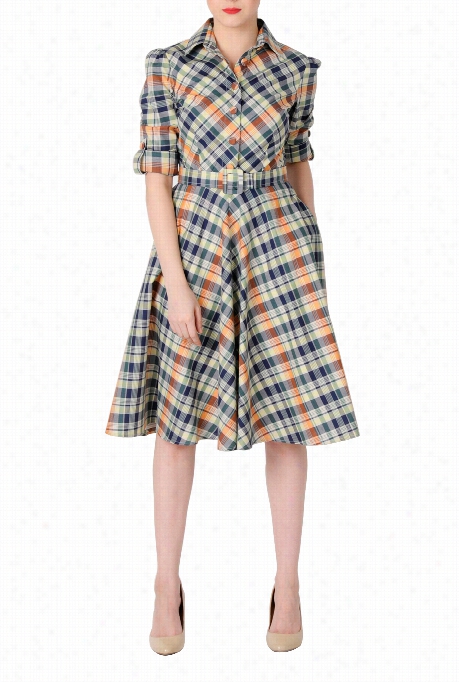 Eshakti Women's Madras Check Belted Shirrtdress