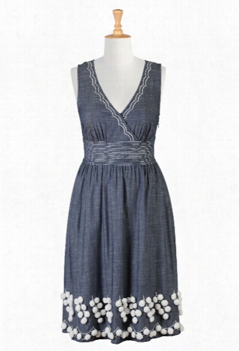 Eshakti Women's Pompom Trim Denim Chambray Dress