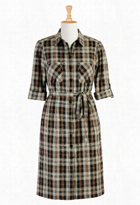 Eshakti Women's Sash Tied Cotton Check Shirtdress