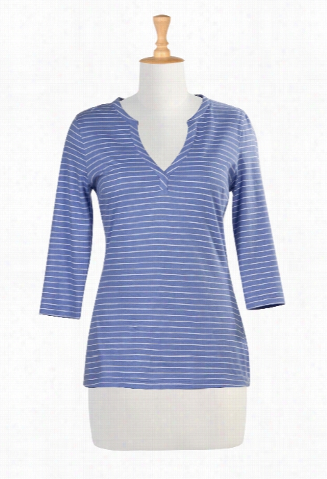 Eshakti Women's Self Trim Stripe Cotton Knit Henley