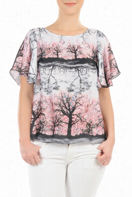 Eshakti Women's Trees Digital Print Flutter Sleeve Satin Top