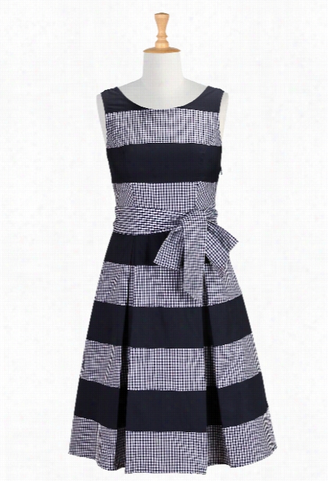 Eshakti Women's Banded Stripe  Gingham Check Dress