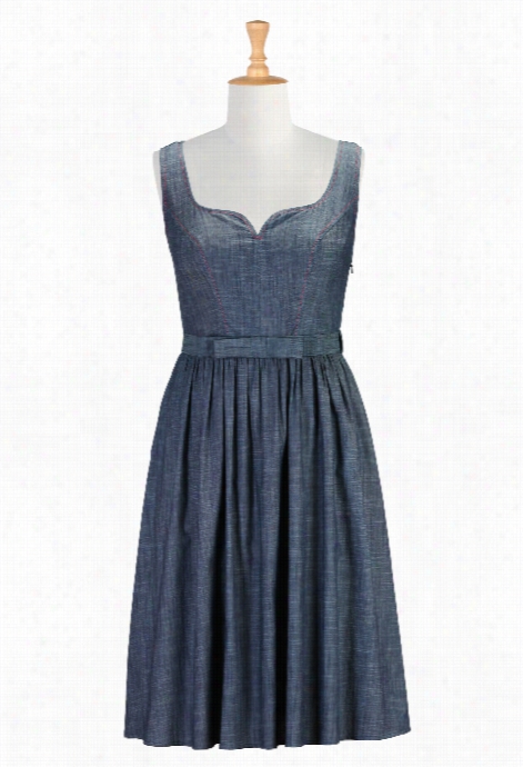 Eshakti Wom En's Bow Tied Belt Chambray Dress