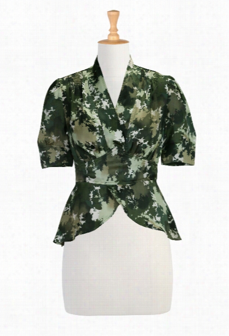 Eshakti Wom En's Camo Print Puffed Speeve Peplum Topp