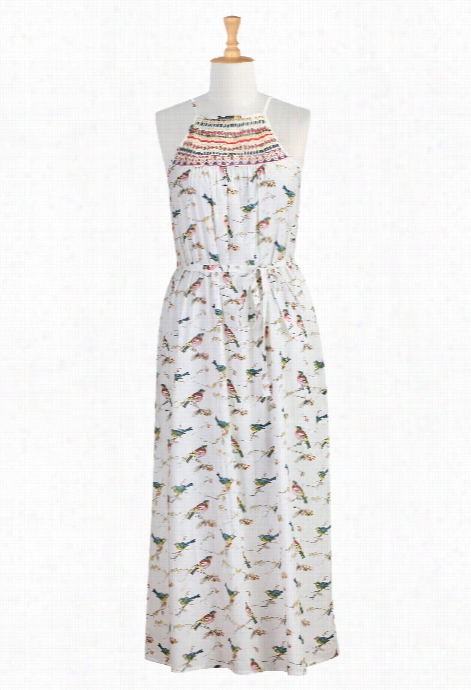 Eshakti Women's Embroidered Bib Bird Print Maxi Dress