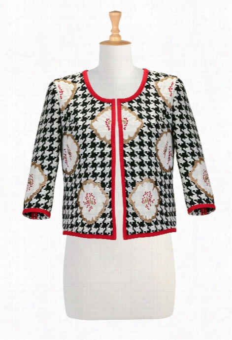 Eshakti Women's Floral Applique Houndstooth Jacket